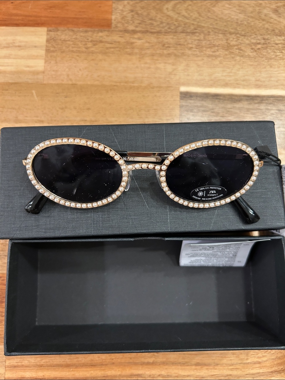 Zara Pearl-Embellished Black Oval Sunglasses
